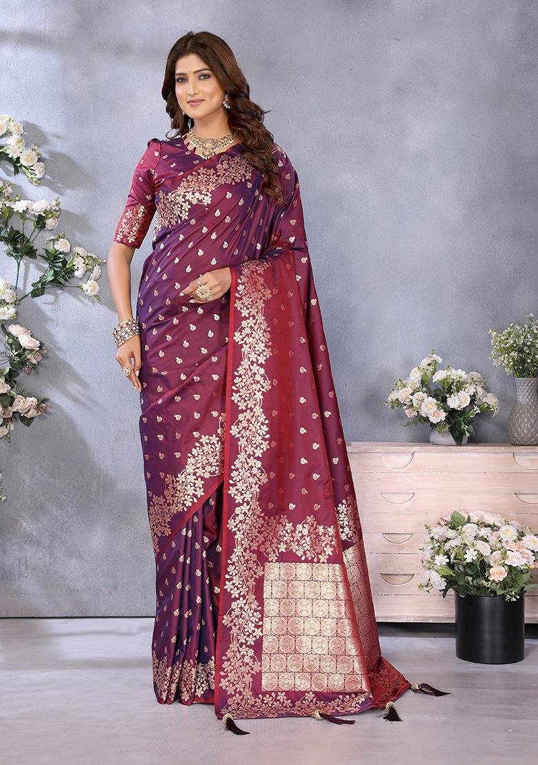 Wine Jacquard Weving Designer Banarasi Silk Saree Set