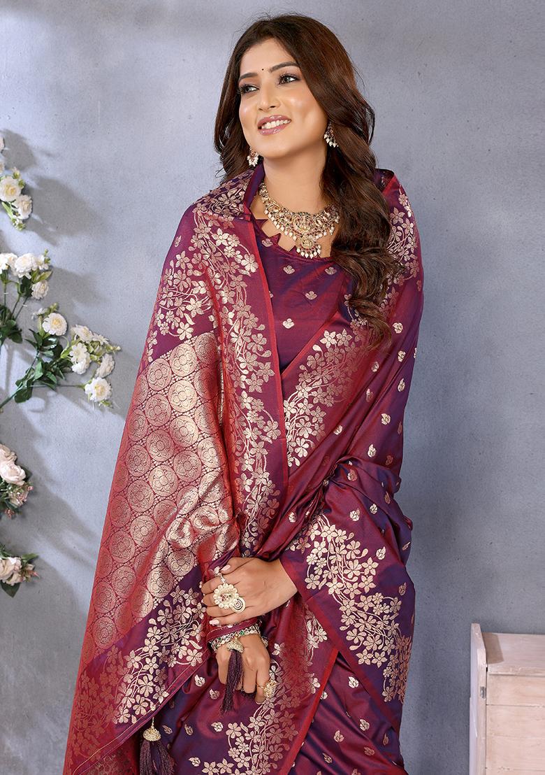 Wine Jacquard Weving Designer Banarasi Silk Saree Set