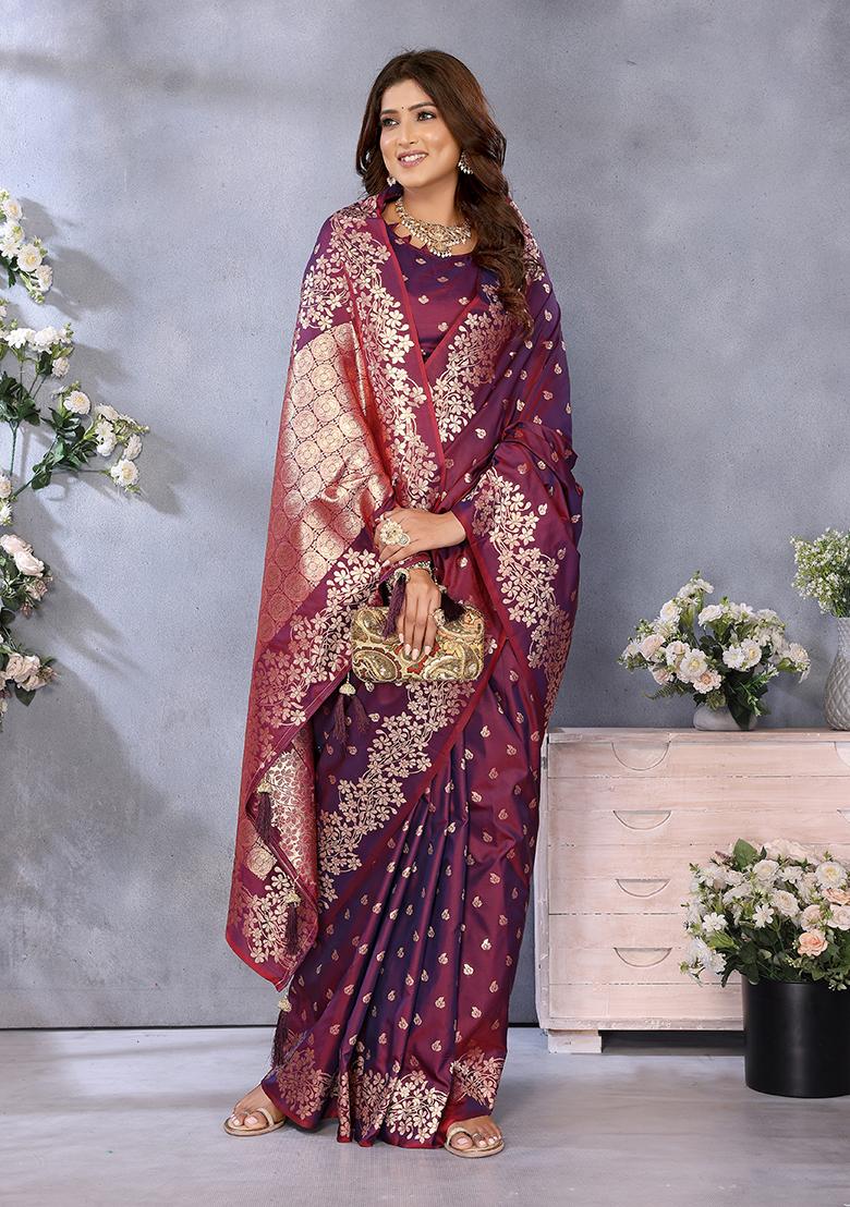 Wine Jacquard Weving Designer Banarasi Silk Saree Set