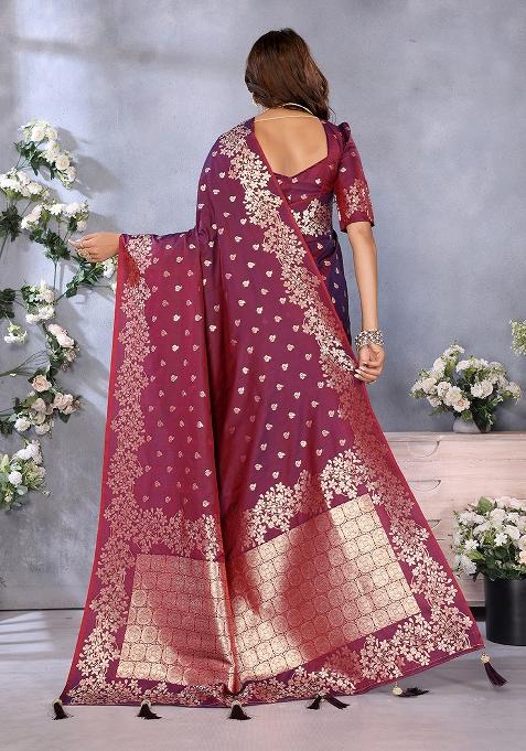 Wine Jacquard Weving Designer Banarasi Silk Saree Set