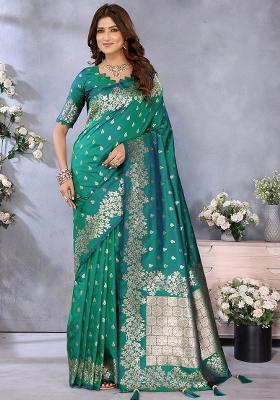 Rama Green Jacquard Weving Designer Banarasi Silk Saree Set