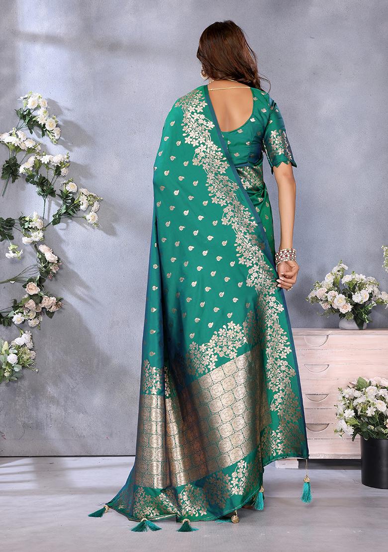 Rama Green Jacquard Weving Designer Banarasi Silk Saree Set