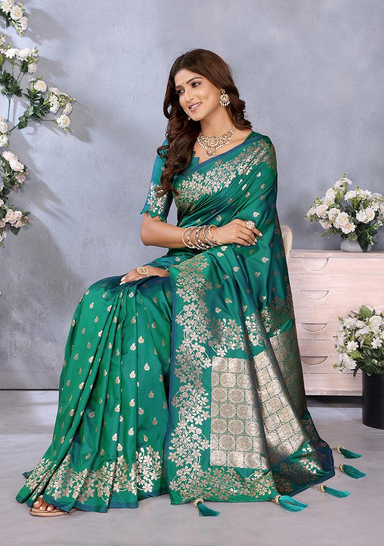Rama Green Jacquard Weving Designer Banarasi Silk Saree Set
