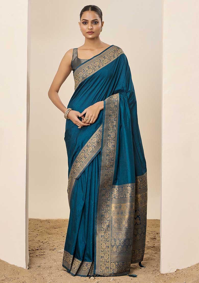 Teal Blue Wevon Galla Designer Dolla Silk Saree Set