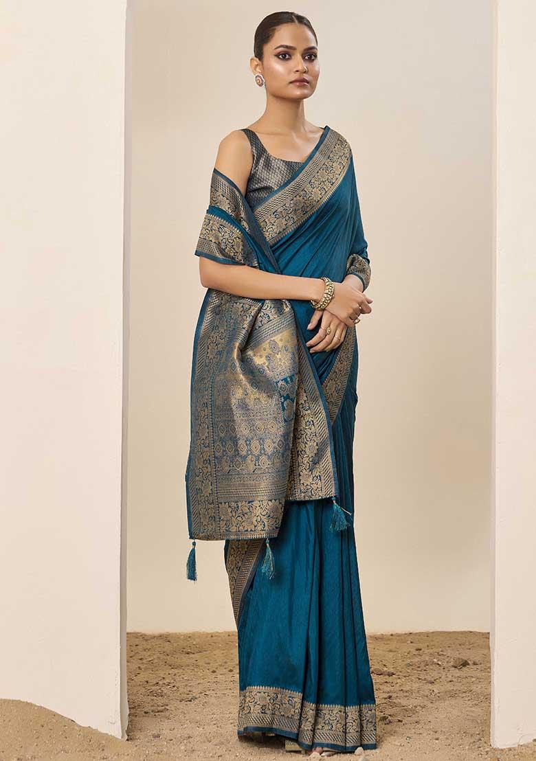 Teal Blue Wevon Galla Designer Dolla Silk Saree Set