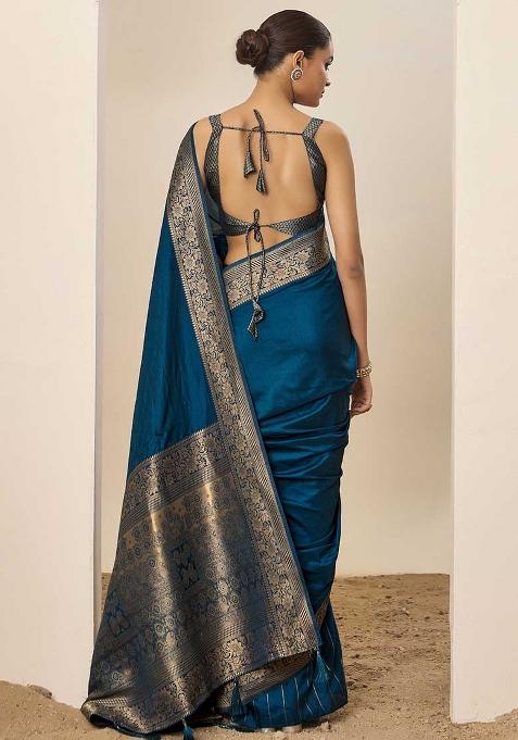 Teal Blue Wevon Galla Designer Dolla Silk Saree Set