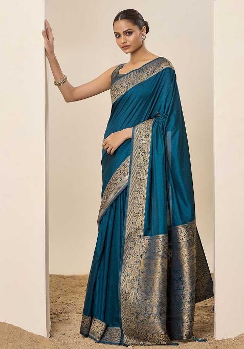Teal Blue Wevon Galla Designer Dolla Silk Saree Set
