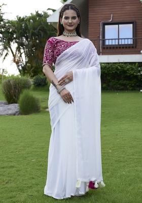 White Designer Embroidery Work Georgette Saree Set