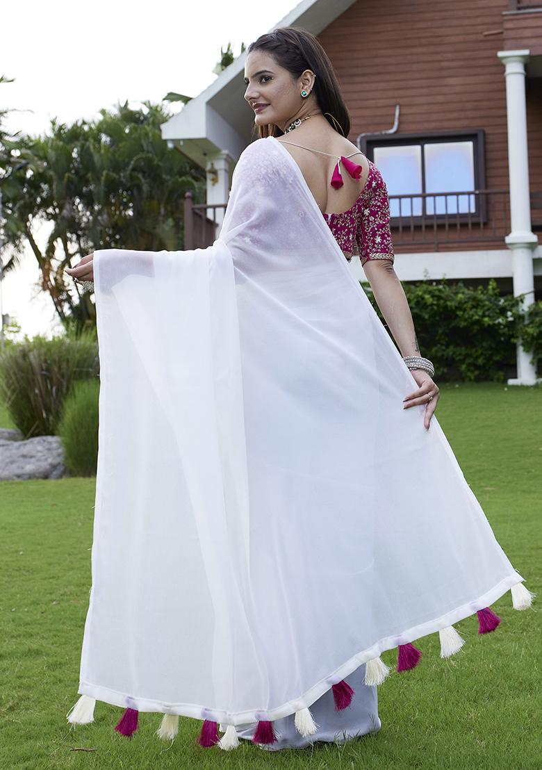 White Designer Embroidery Work Georgette Saree Set