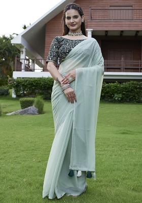 Pista Green Designer Embroidery Work Georgette Saree Set