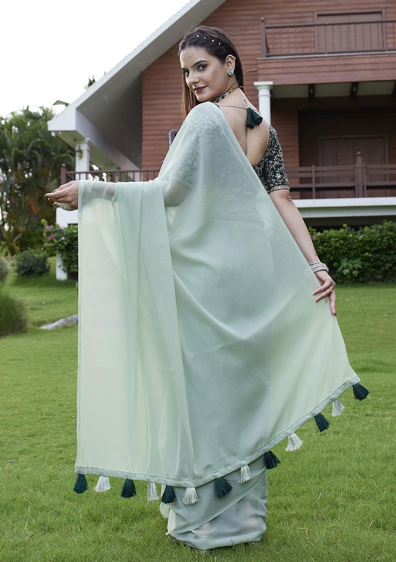 Pista Green Designer Embroidery Work Georgette Saree Set