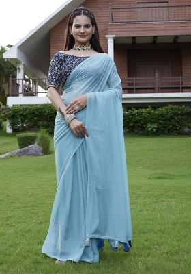 Sky Blue Designer Embroidery Work Georgette Saree Set