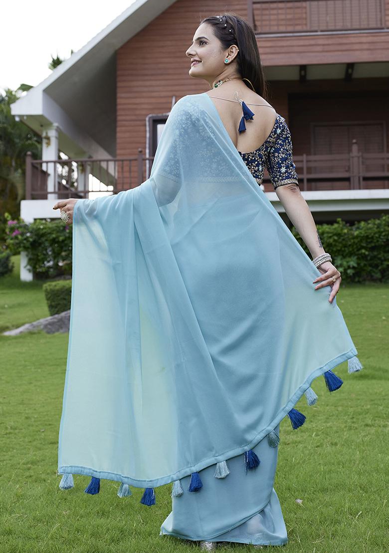 Sky Blue Designer Embroidery Work Georgette Saree Set