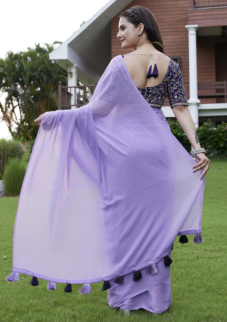 Lavender Designer Embroidery Work Georgette Saree Set