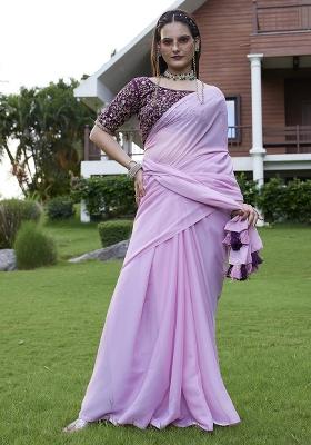 Purple Designer Embroidery Work Georgette Saree Set