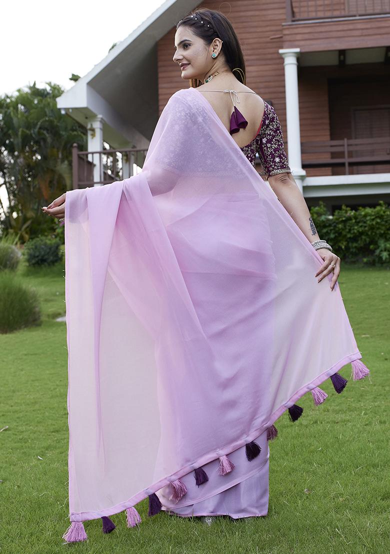 Purple Designer Embroidery Work Georgette Saree Set