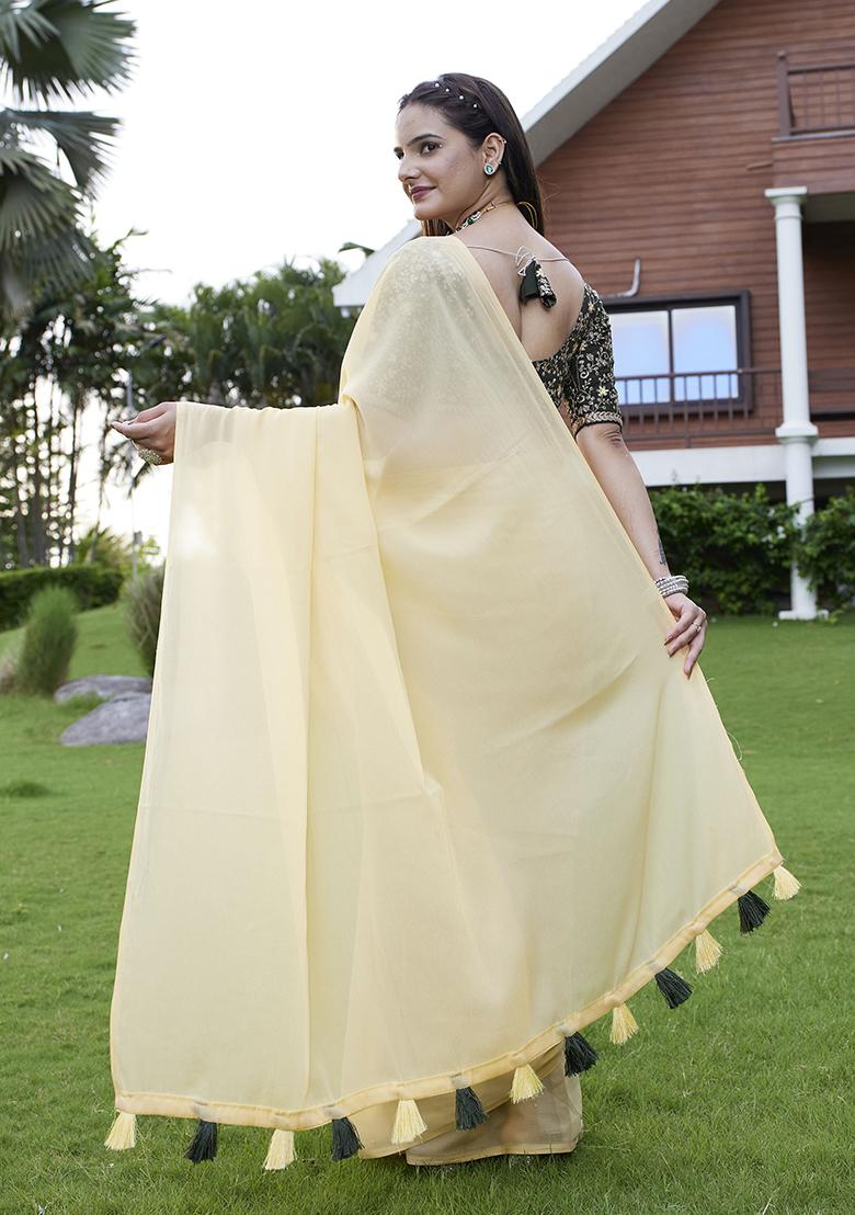 Yellow Designer Embroidery Work Georgette Saree Set