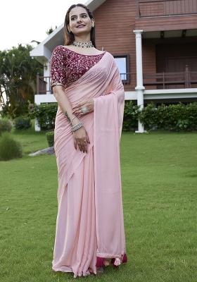 Pink Designer Embroidery Work Georgette Saree Set