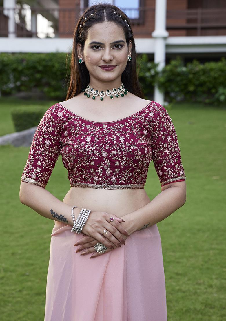 Pink Designer Embroidery Work Georgette Saree Set