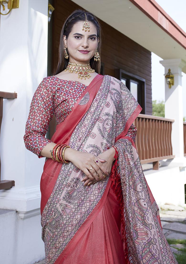 Red Designer Digital Printed Crepe Saree Set