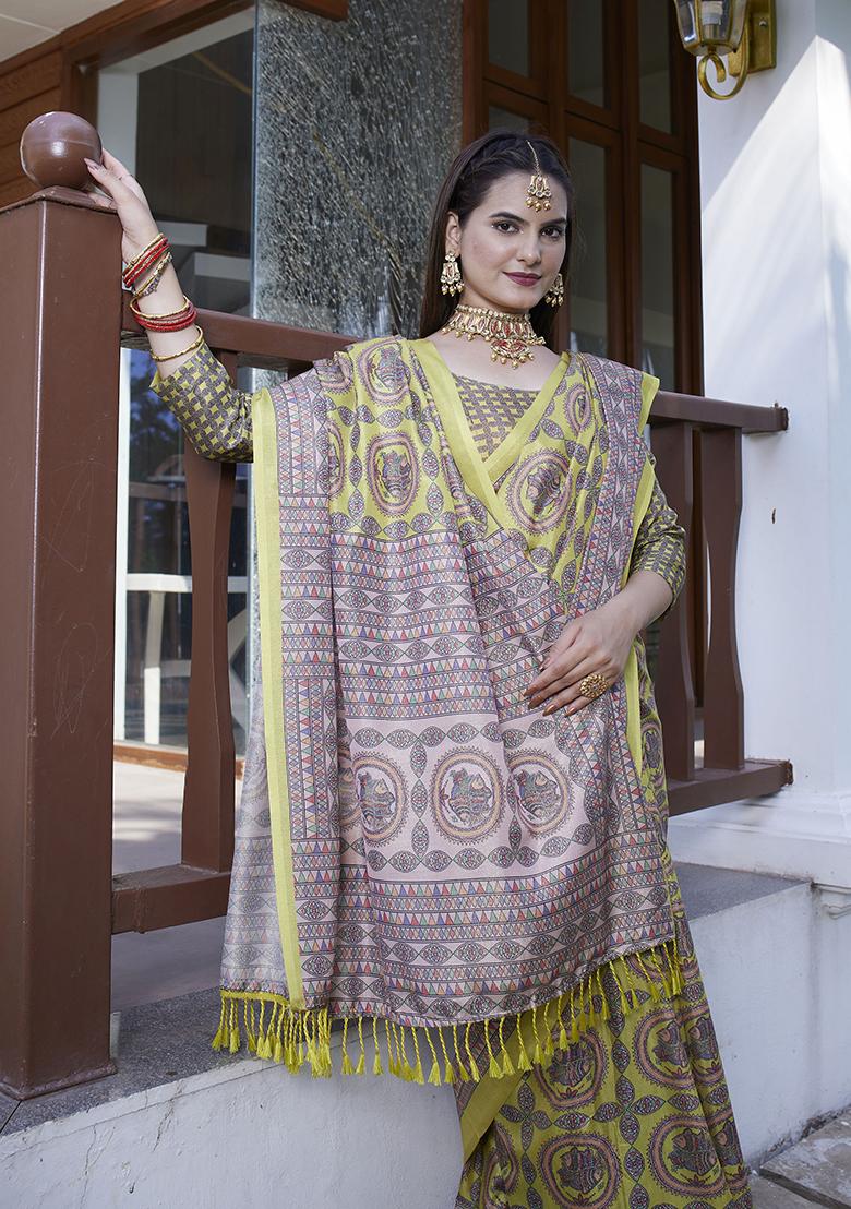 Yellow Designer Digital Printed Crepe Saree Set