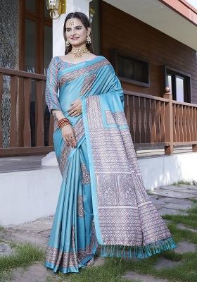 Teal Blue Designer Digital Printed Crepe Saree Set