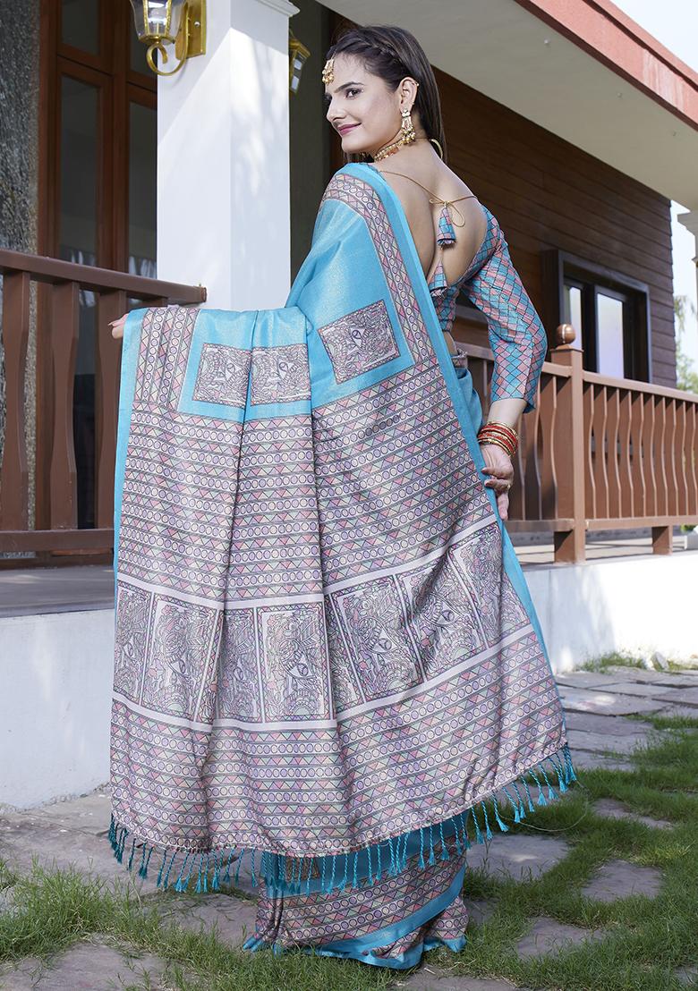 Teal Blue Designer Digital Printed Crepe Saree Set