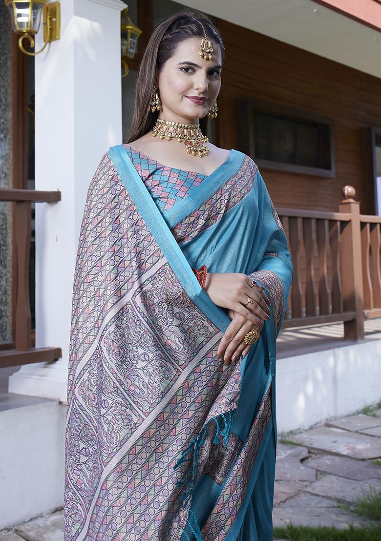 Teal Blue Designer Digital Printed Crepe Saree Set