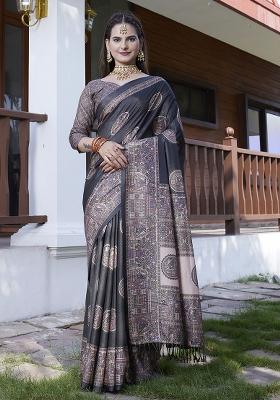 Black Designer Digital Printed Crepe Saree Set