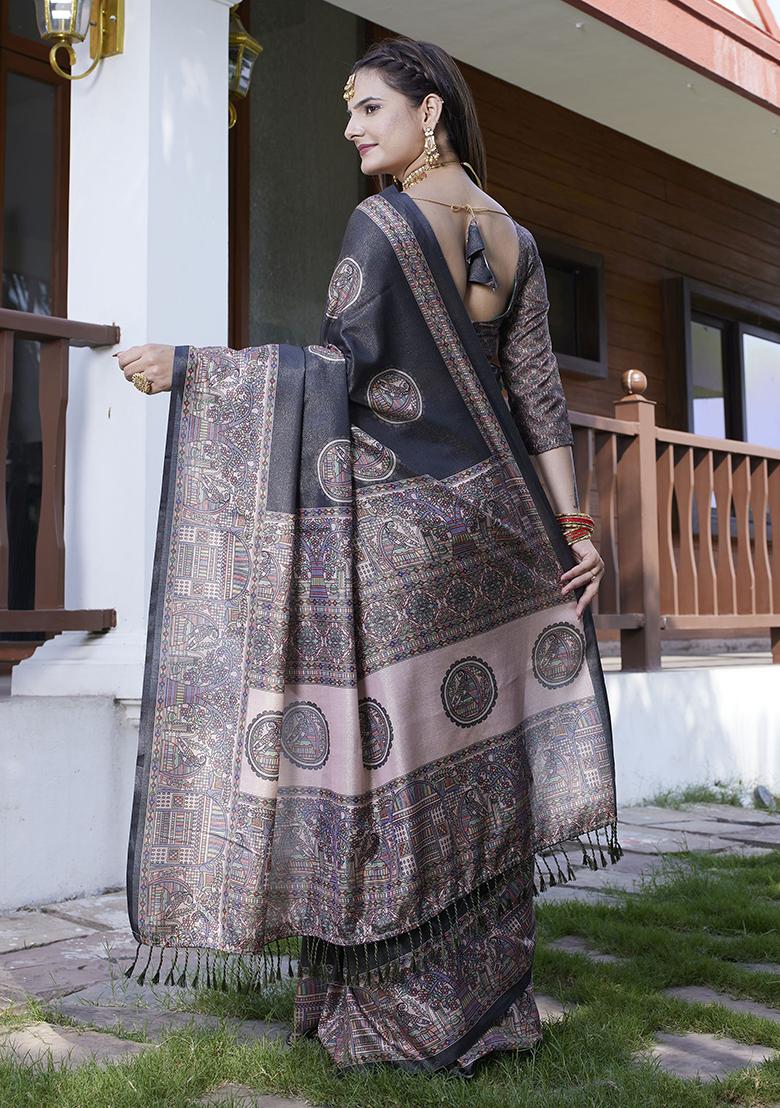 Black Designer Digital Printed Crepe Saree Set