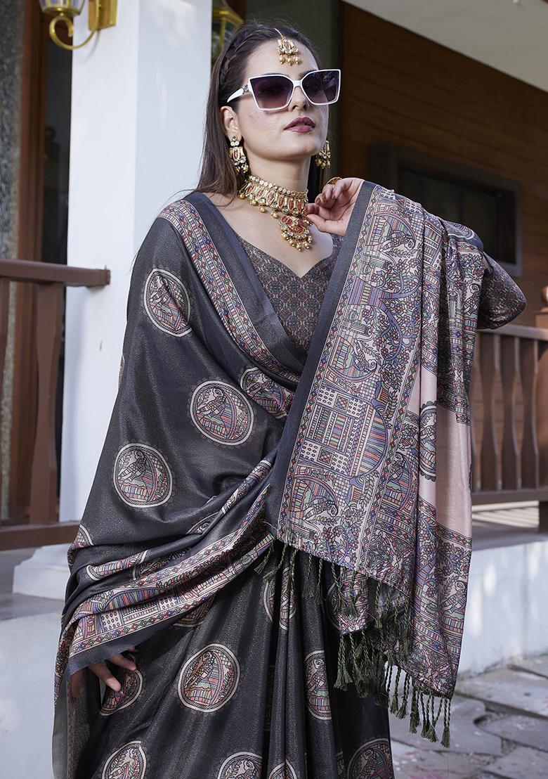 Black Designer Digital Printed Crepe Saree Set