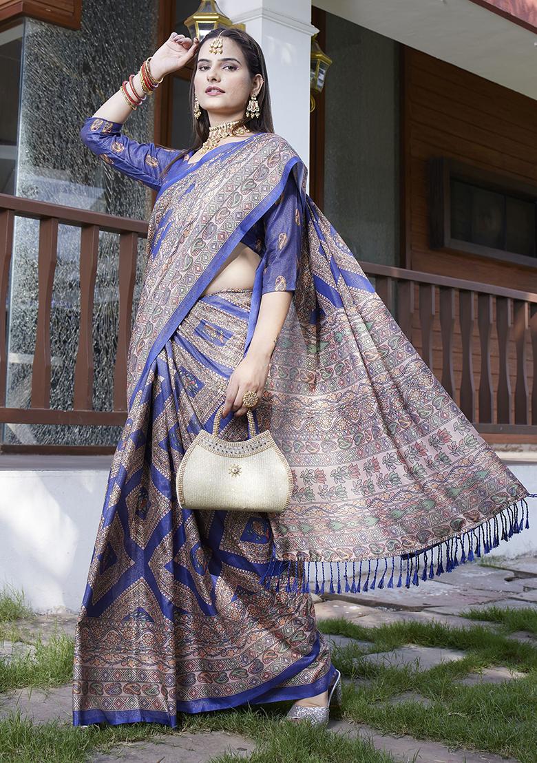 Blue Designer Digital Printed Crepe Saree Set