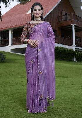 Purple Wevon Lining And Jardosi Hand Work Georgette Saree Set