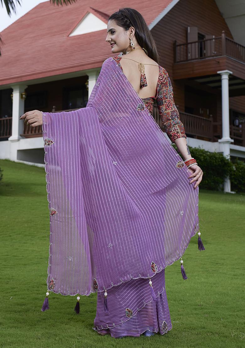 Purple Wevon Lining And Jardosi Hand Work Georgette Saree Set