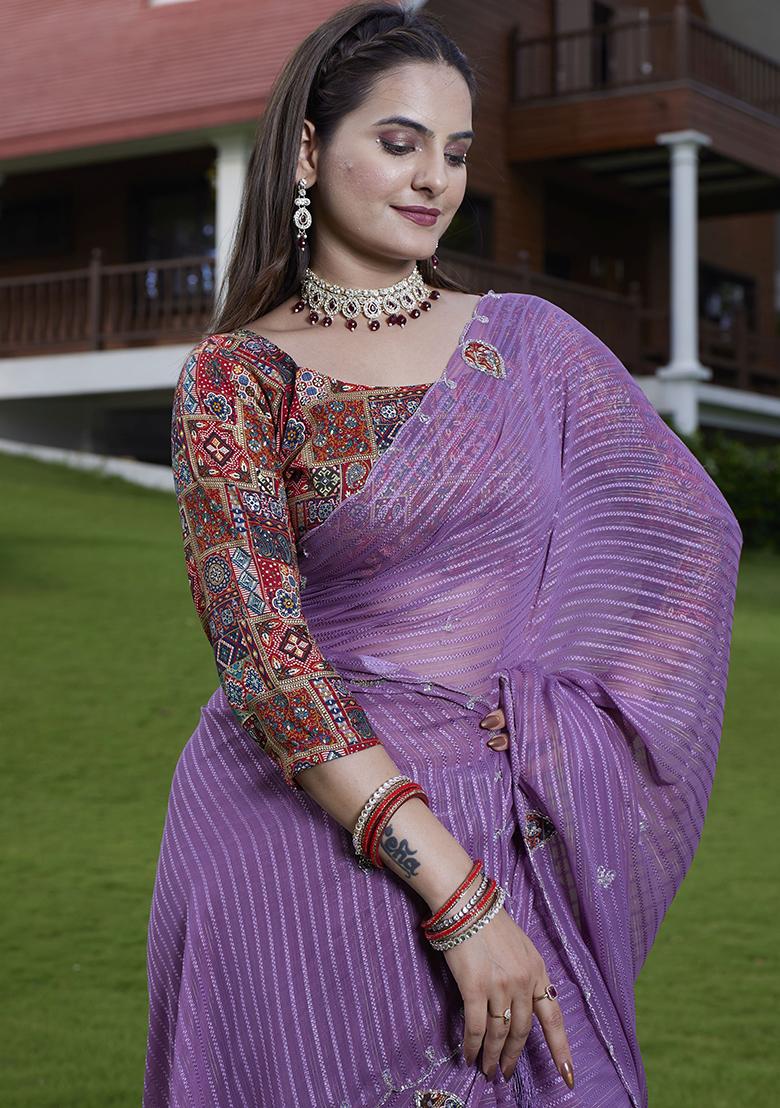 Purple Wevon Lining And Jardosi Hand Work Georgette Saree Set