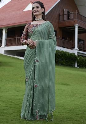 Pista Green Wevon Lining And Jardosi Hand Work Georgette Saree Set