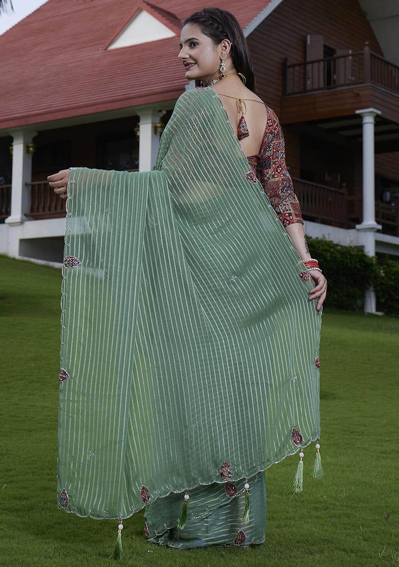 Pista Green Wevon Lining And Jardosi Hand Work Georgette Saree Set