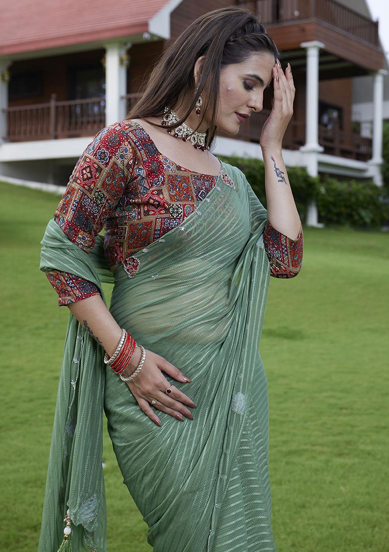 Pista Green Wevon Lining And Jardosi Hand Work Georgette Saree Set