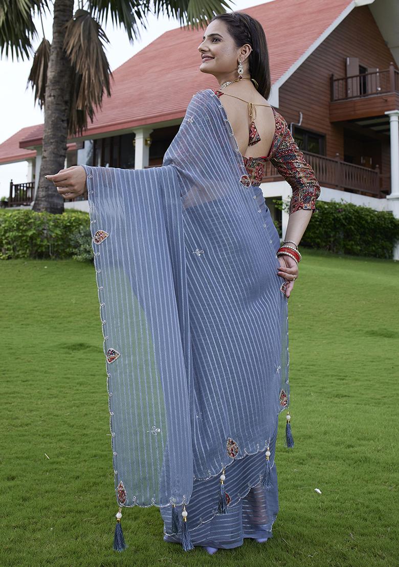 Blue Wevon Lining And Jardosi Hand Work Georgette Saree Set