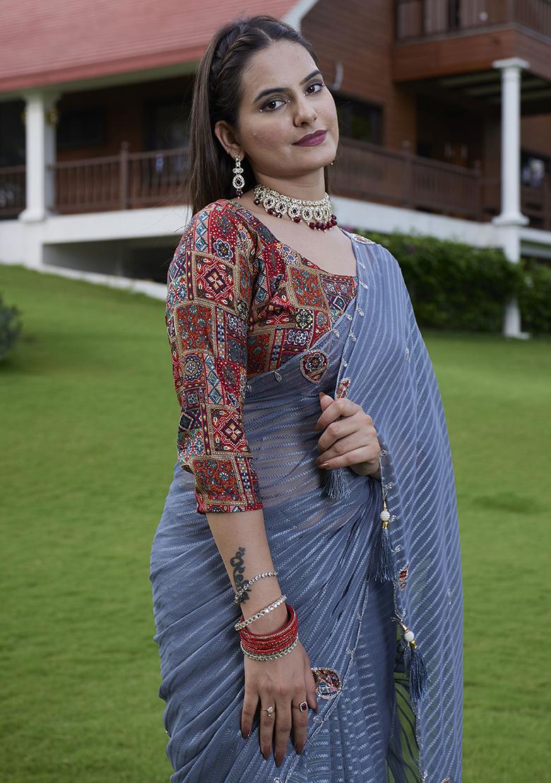 Blue Wevon Lining And Jardosi Hand Work Georgette Saree Set