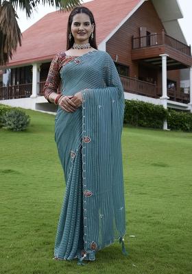 Green Wevon Lining And Jardosi Hand Work Georgette Saree Set