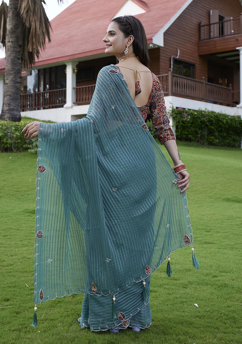 Green Wevon Lining And Jardosi Hand Work Georgette Saree Set