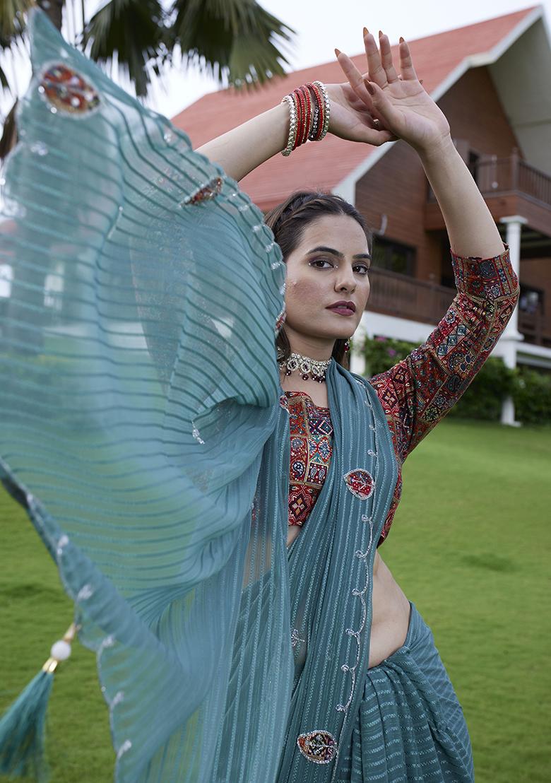 Green Wevon Lining And Jardosi Hand Work Georgette Saree Set