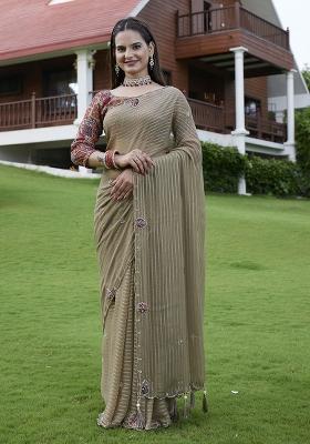 Brown Wevon Lining And Jardosi Hand Work Georgette Saree Set