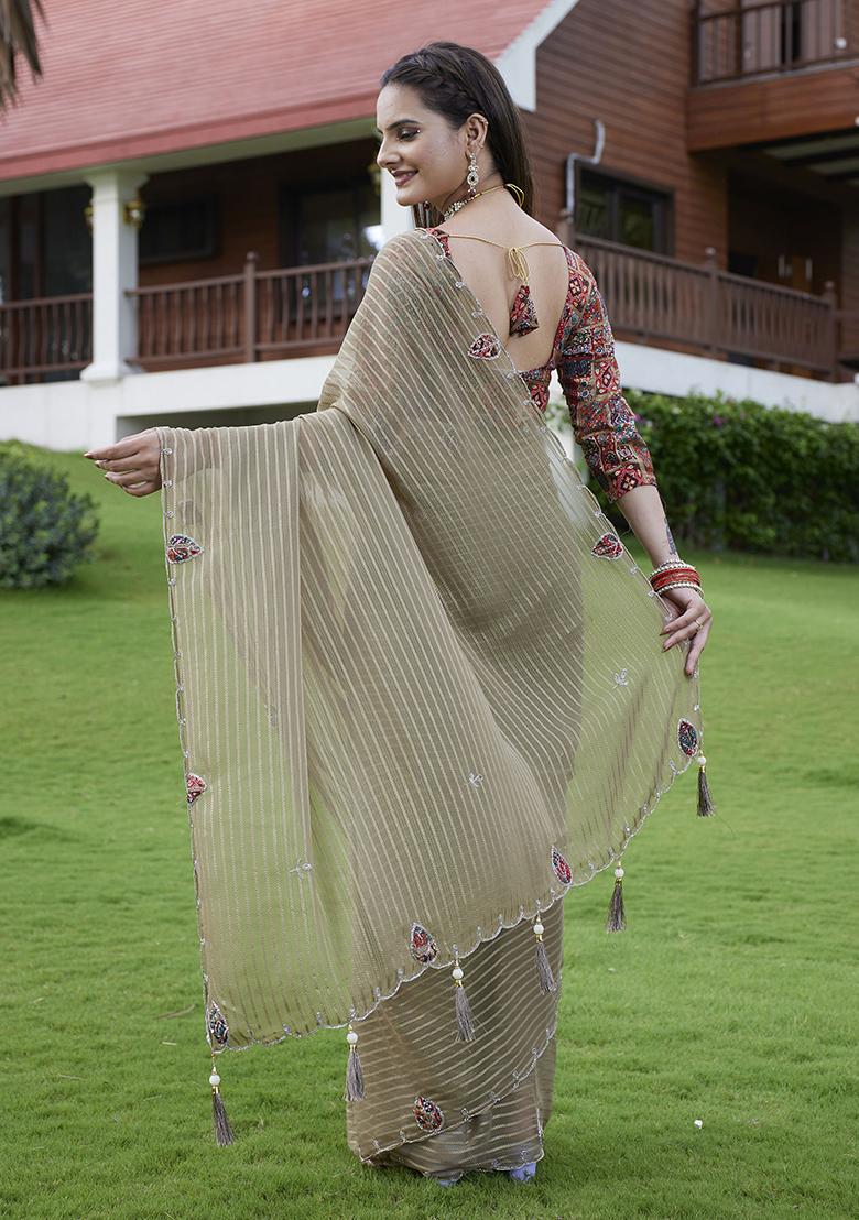 Brown Wevon Lining And Jardosi Hand Work Georgette Saree Set