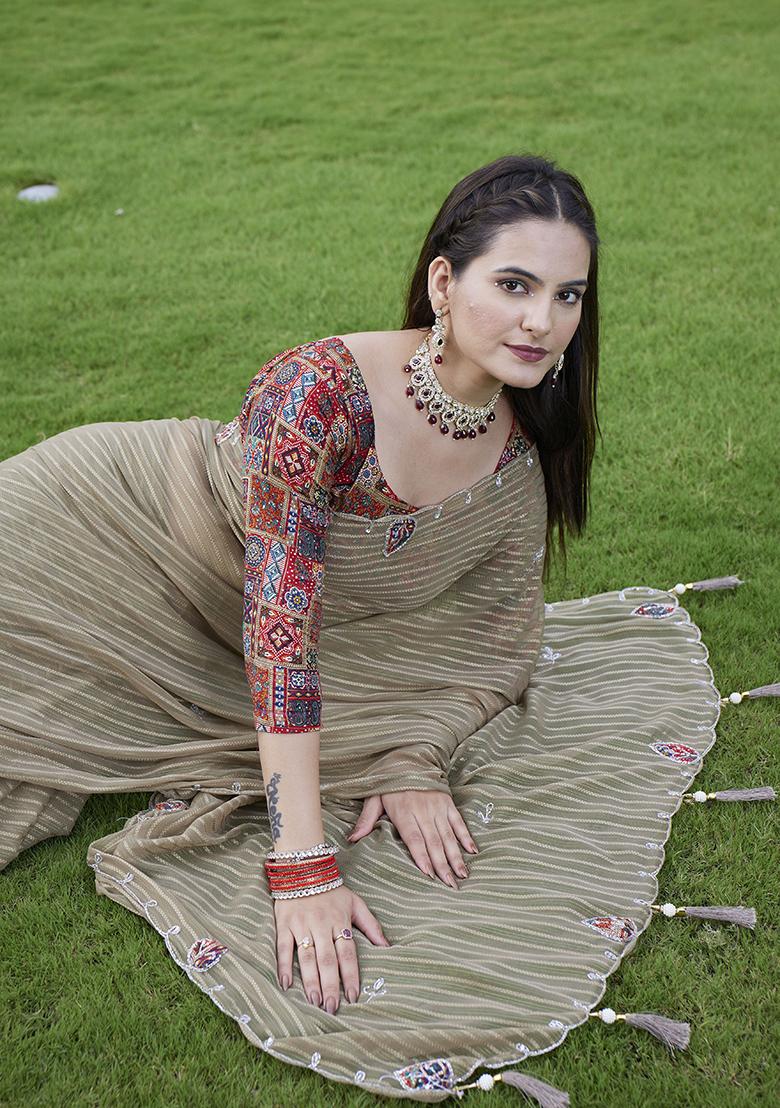 Brown Wevon Lining And Jardosi Hand Work Georgette Saree Set