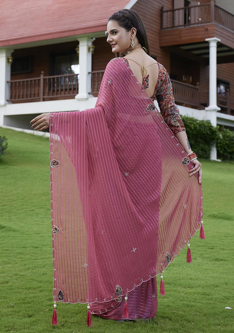 Rust Brown Wevon Lining And Jardosi Hand Work Georgette Saree Set