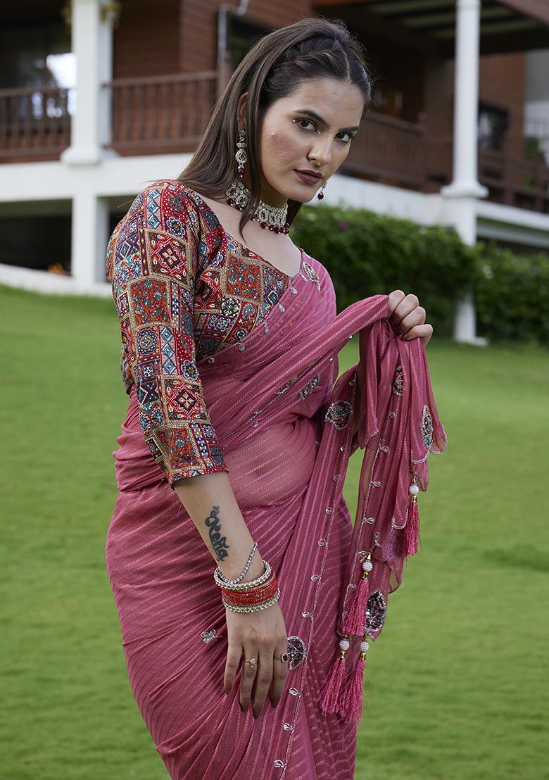 Rust Brown Wevon Lining And Jardosi Hand Work Georgette Saree Set