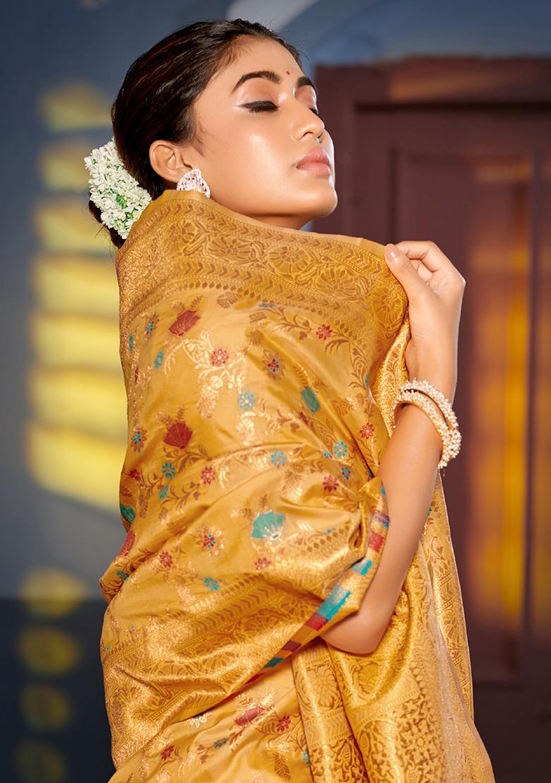 Yellow Wevon Jacquard Designer Banarasi Silk Saree Set