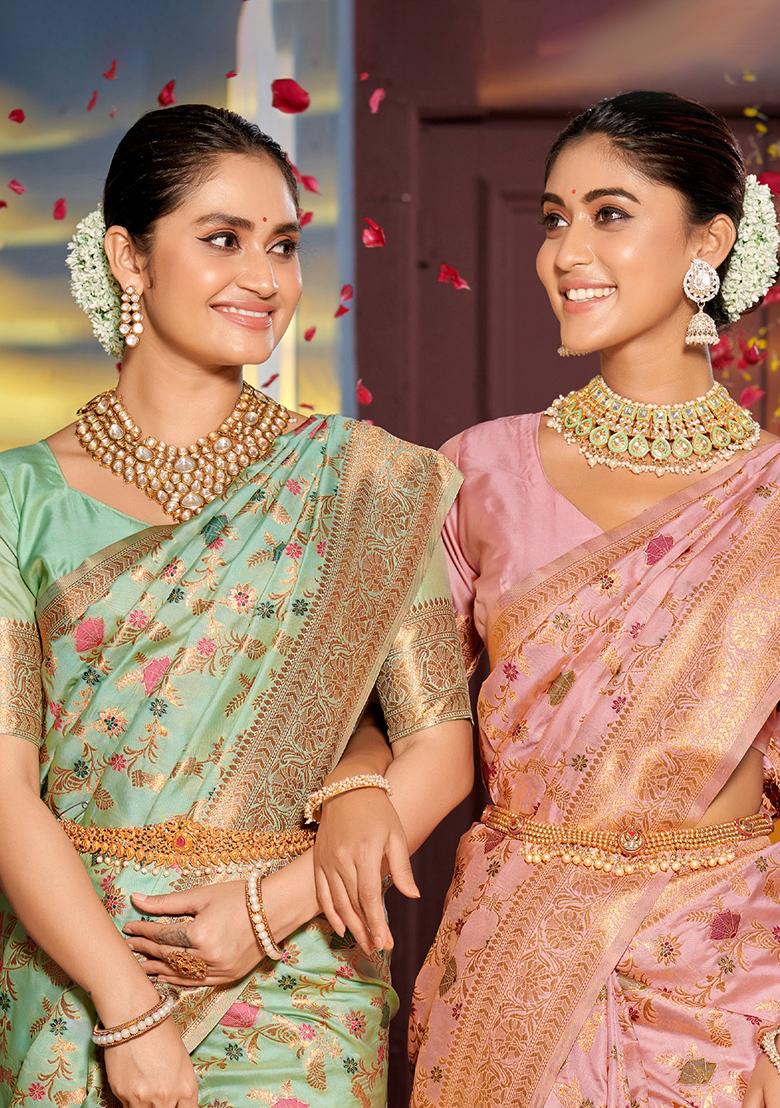 Sea Green Wevon Jacquard Designer Banarasi Silk Saree Set